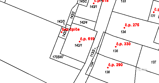Loštice 619 na parcele st. 142/1 v KÚ Loštice, Katastrální mapa
