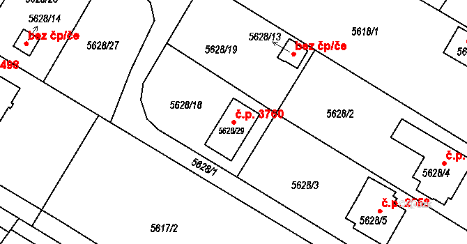 Frýdek 3760, Frýdek-Místek na parcele st. 5628/29 v KÚ Frýdek, Katastrální mapa