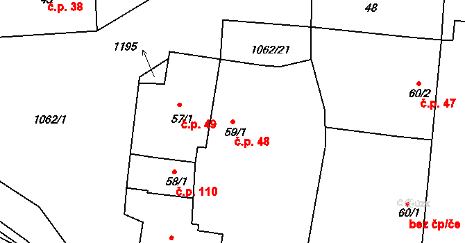 Herálec 48 na parcele st. 59/1 v KÚ Herálec, Katastrální mapa