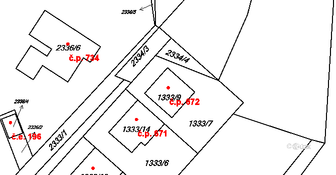 Konice 672 na parcele st. 1333/9 v KÚ Konice, Katastrální mapa