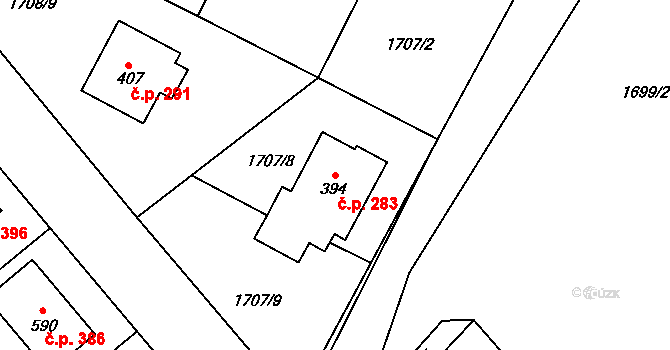 Tymákov 283 na parcele st. 394 v KÚ Tymákov, Katastrální mapa