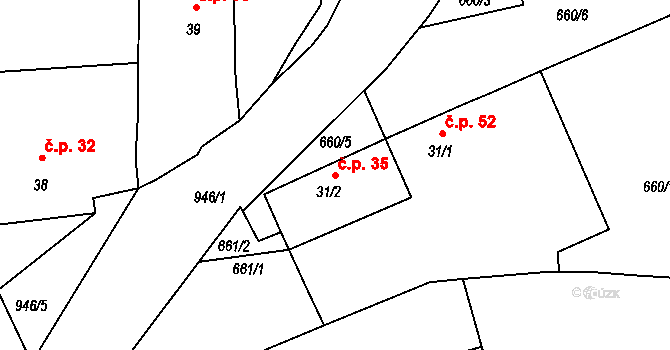 Horní Slověnice 35, Lišov na parcele st. 31/2 v KÚ Horní Slověnice, Katastrální mapa