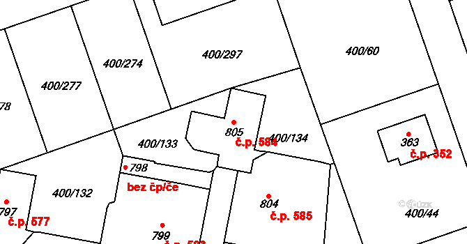 Horoměřice 584 na parcele st. 805 v KÚ Horoměřice, Katastrální mapa