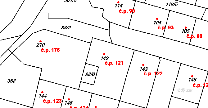 Hospozín 121 na parcele st. 142 v KÚ Hospozín, Katastrální mapa