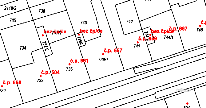 Lužice 657 na parcele st. 739/1 v KÚ Lužice u Hodonína, Katastrální mapa
