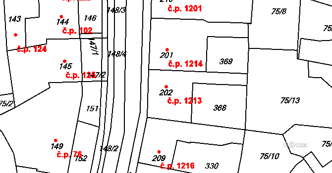 Švermov 1213, Kladno na parcele st. 202 v KÚ Hnidousy, Katastrální mapa