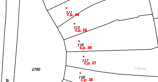 Dačice I 36, Dačice na parcele st. 115 v KÚ Dačice, Katastrální mapa
