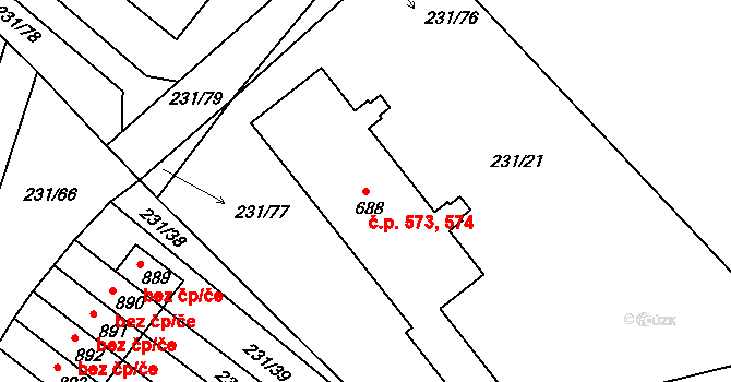 Raškovice 573,574 na parcele st. 688 v KÚ Raškovice, Katastrální mapa