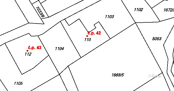 Ostravice 42 na parcele st. 110 v KÚ Ostravice 1, Katastrální mapa