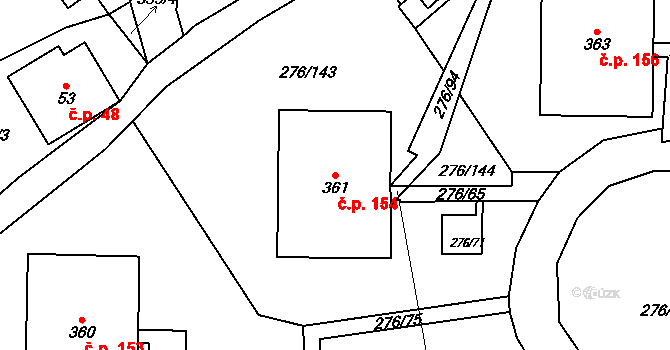 Děčín XXVII-Březiny 154, Děčín na parcele st. 361 v KÚ Březiny u Děčína, Katastrální mapa