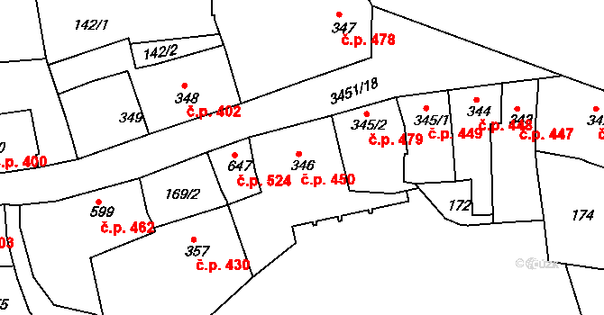 Lysá nad Labem 450 na parcele st. 346 v KÚ Lysá nad Labem, Katastrální mapa