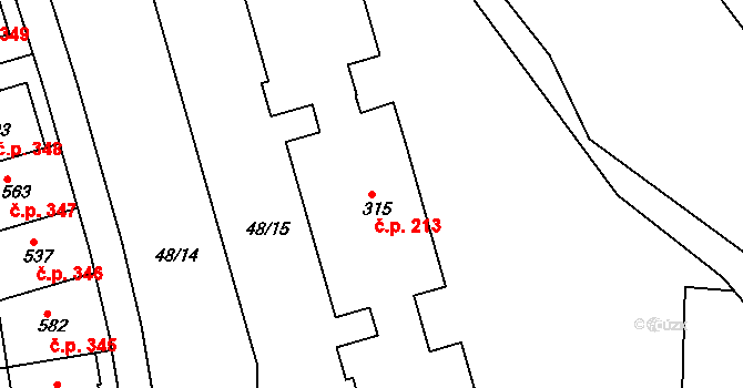 Týn 213, Třebíč na parcele st. 315 v KÚ Týn u Třebíče, Katastrální mapa