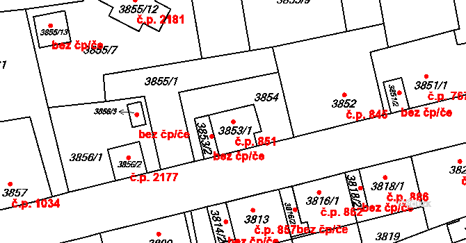 Sokolov 851 na parcele st. 3853/1 v KÚ Sokolov, Katastrální mapa