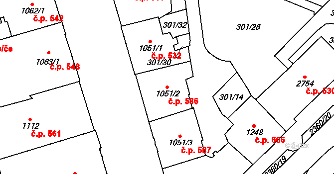 Cheb 586 na parcele st. 1051/2 v KÚ Cheb, Katastrální mapa