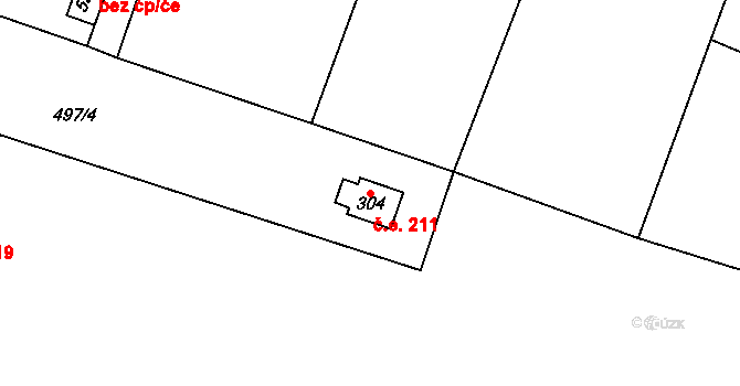 Jevany 211 na parcele st. 304 v KÚ Jevany, Katastrální mapa