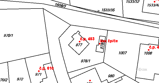 Řeporyje 493, Praha na parcele st. 977 v KÚ Řeporyje, Katastrální mapa