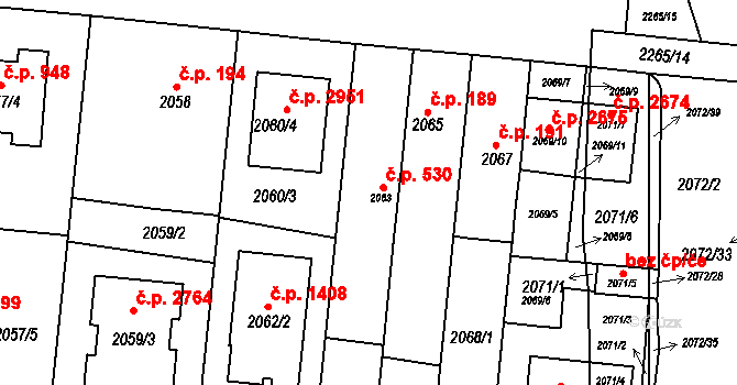 Stodůlky 530, Praha na parcele st. 2063 v KÚ Stodůlky, Katastrální mapa