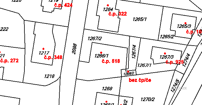 Kbely 518, Praha na parcele st. 1266/1 v KÚ Kbely, Katastrální mapa