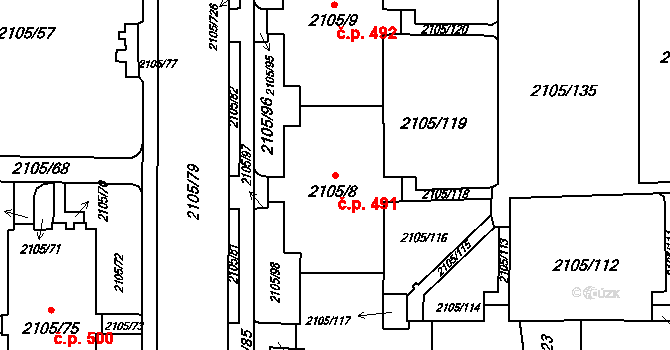 Šumbark 491, Havířov na parcele st. 2105/8 v KÚ Šumbark, Katastrální mapa
