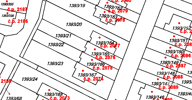 Újezd nad Lesy 2076, Praha na parcele st. 1393/165 v KÚ Újezd nad Lesy, Katastrální mapa