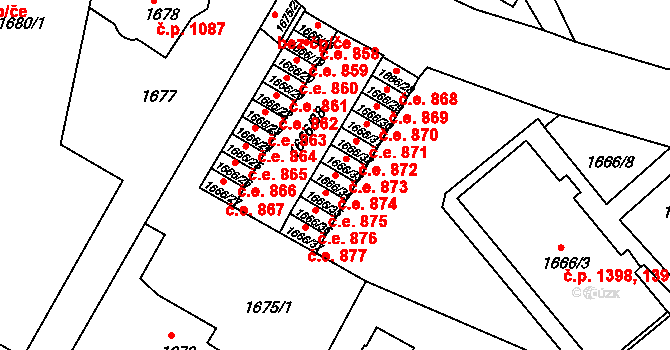 Děčín VI-Letná 874, Děčín na parcele st. 1666/34 v KÚ Podmokly, Katastrální mapa