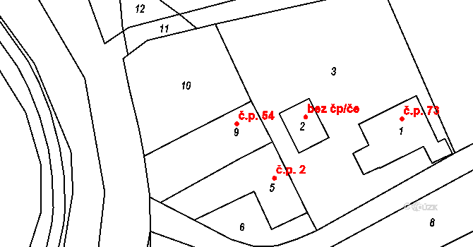 Domanín 54, Bystřice nad Pernštejnem na parcele st. 9 v KÚ Domanín u Bystřice nad Pernštejnem, Katastrální mapa