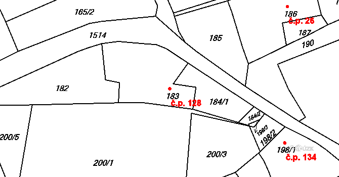 Olomučany 128 na parcele st. 183 v KÚ Olomučany, Katastrální mapa
