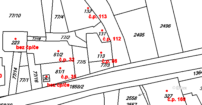 Jestřabice 86, Koryčany na parcele st. 113 v KÚ Jestřabice, Katastrální mapa