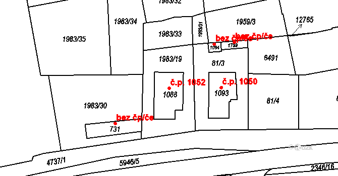 Hrušovany nad Jevišovkou 1052 na parcele st. 1088 v KÚ Hrušovany nad Jevišovkou, Katastrální mapa
