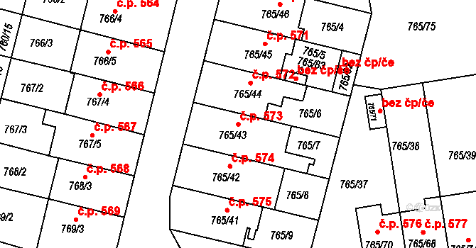 Hrušovany u Brna 573 na parcele st. 765/43 v KÚ Hrušovany u Brna, Katastrální mapa