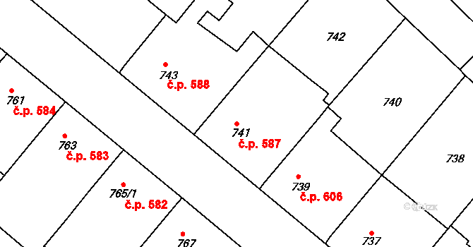 Moravský Písek 587 na parcele st. 741 v KÚ Moravský Písek, Katastrální mapa
