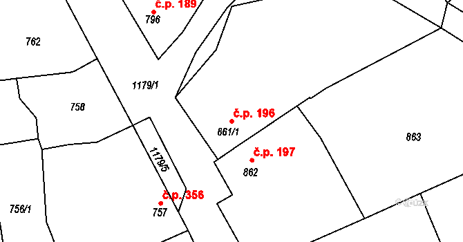 Šardice 196 na parcele st. 861/1 v KÚ Šardice, Katastrální mapa