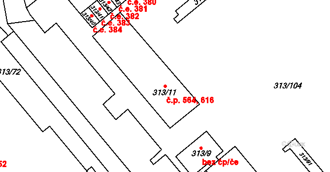 Vyškov-Předměstí 564,616, Vyškov na parcele st. 313/11 v KÚ Vyškov, Katastrální mapa