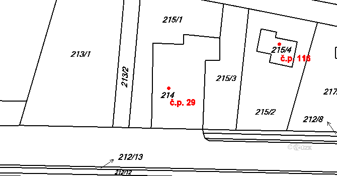 Obědovice 29 na parcele st. 214 v KÚ Obědovice, Katastrální mapa