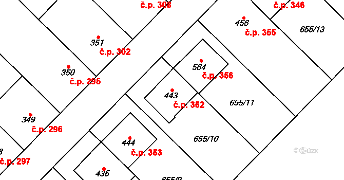Senice na Hané 352 na parcele st. 443 v KÚ Senice na Hané, Katastrální mapa