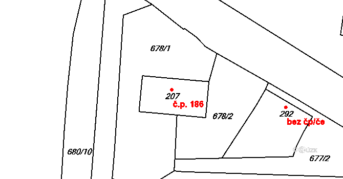 Ševětín 186 na parcele st. 207 v KÚ Ševětín, Katastrální mapa
