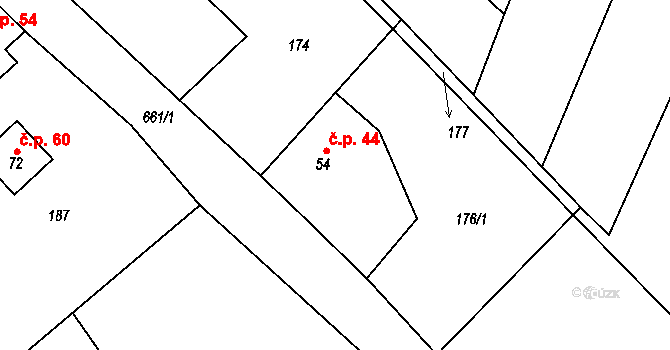Jištěrpy 44, Chotiněves na parcele st. 54 v KÚ Jištěrpy, Katastrální mapa