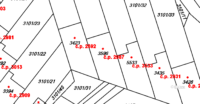 Břeclav 2987 na parcele st. 3596 v KÚ Břeclav, Katastrální mapa