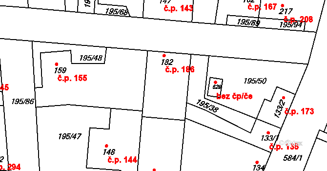 Dobroměřice 186 na parcele st. 182 v KÚ Dobroměřice, Katastrální mapa