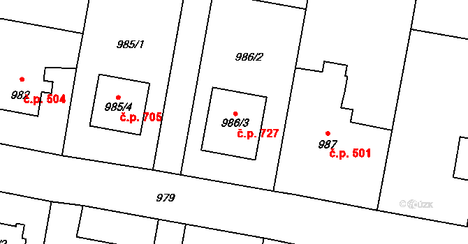 Paskov 727 na parcele st. 986/3 v KÚ Paskov, Katastrální mapa