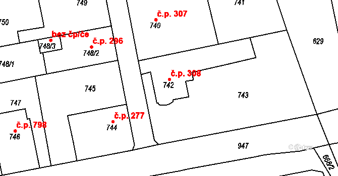 Lipence 308, Praha na parcele st. 742 v KÚ Lipence, Katastrální mapa