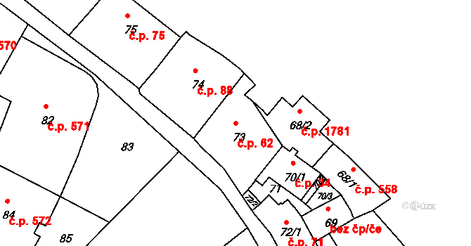 Braník 62, Praha na parcele st. 73 v KÚ Braník, Katastrální mapa