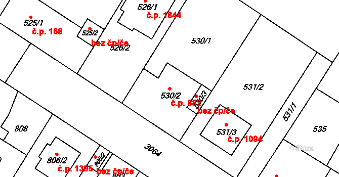 Bolevec 882, Plzeň na parcele st. 530/2 v KÚ Bolevec, Katastrální mapa