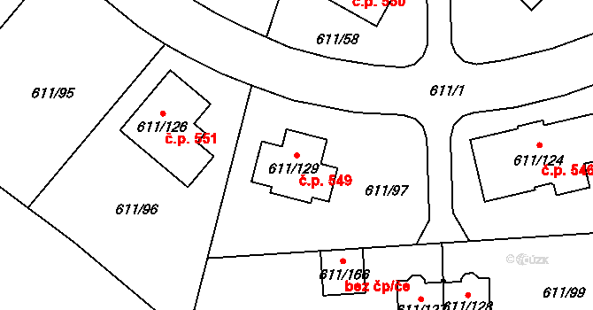 Srubec 549 na parcele st. 611/129 v KÚ Srubec, Katastrální mapa