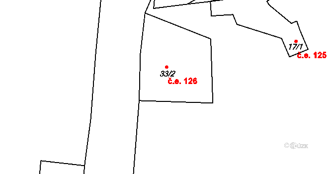 Hora Svatého Šebestiána 126 na parcele st. 33/2 v KÚ Pohraniční, Katastrální mapa