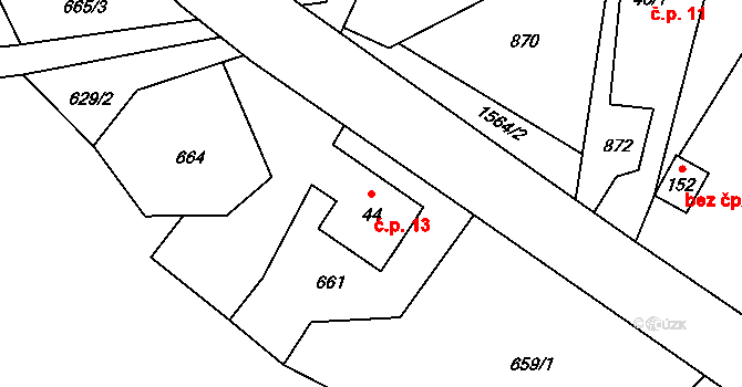 Opřetice 13, Bystřice na parcele st. 44 v KÚ Jinošice, Katastrální mapa