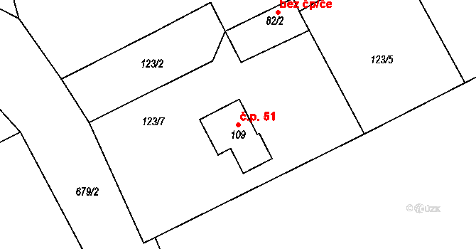 Měšetice 51, Sedlec-Prčice na parcele st. 109 v KÚ Měšetice, Katastrální mapa