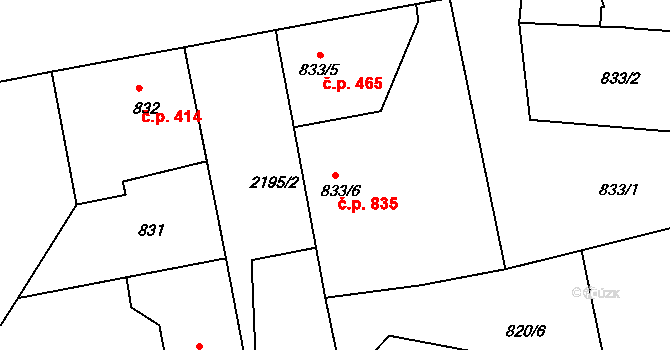 Březnice 835 na parcele st. 833/6 v KÚ Březnice, Katastrální mapa