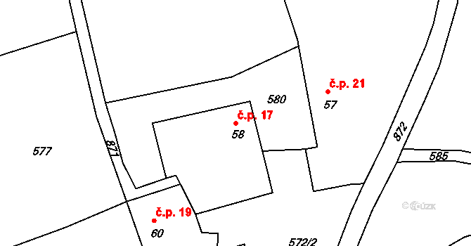 Poděčely 17, Chroustovice na parcele st. 58 v KÚ Poděčely, Katastrální mapa
