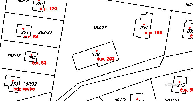 Jabkenice 203 na parcele st. 349 v KÚ Jabkenice, Katastrální mapa